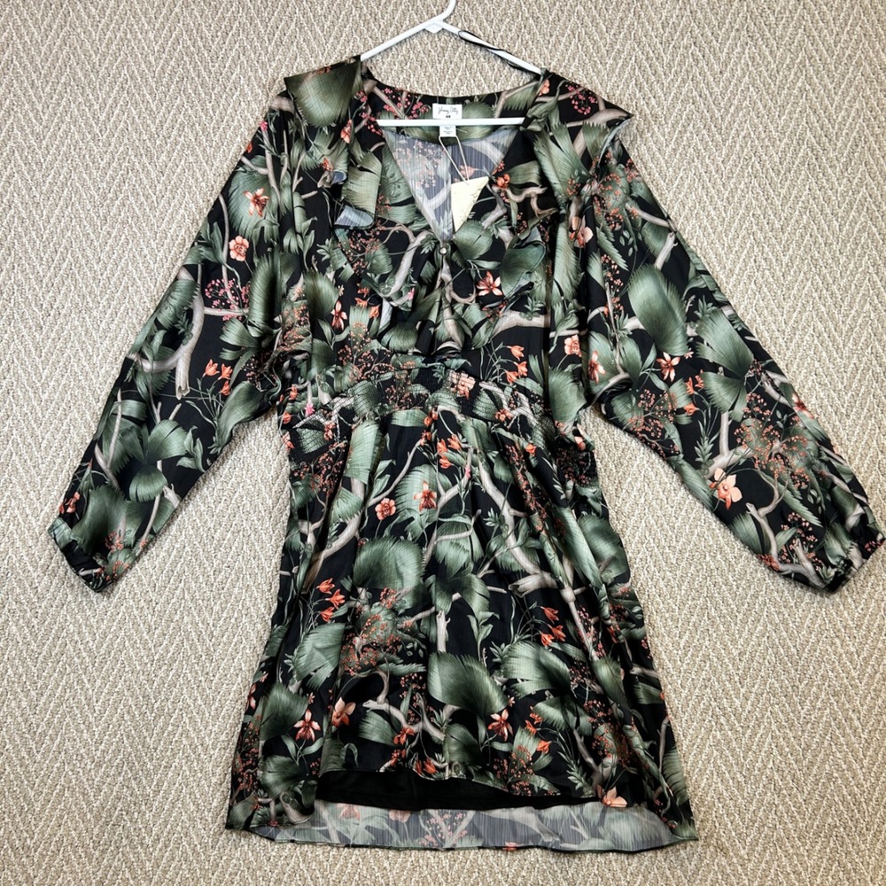 Johanna Ortiz Dress XL Green Tropical Floral Ruffle Mini Summer